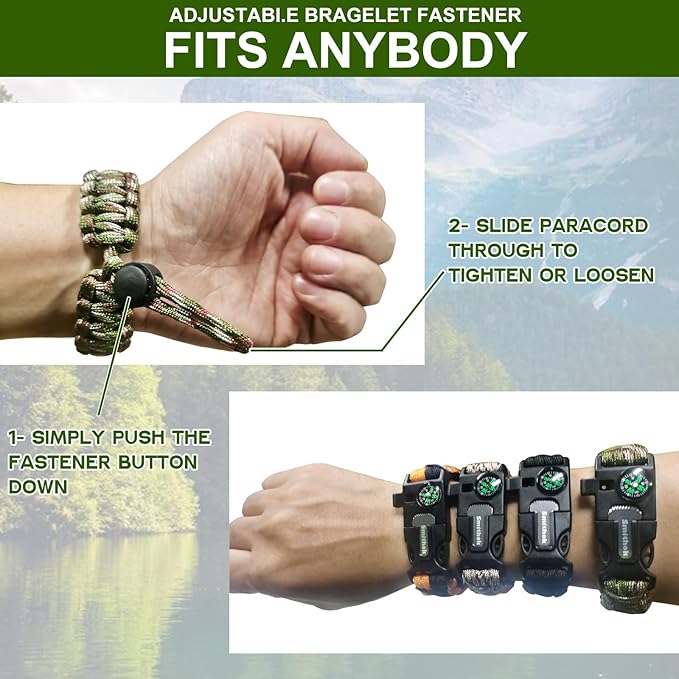 Smithok Paracord Survival Bracelet-Length Adjustable,Loud Whistle Emergency Compass Survival Fire Starter Scraper Accessories for Hiking and Camping and Hunting 4-Pack(Muti-Color)