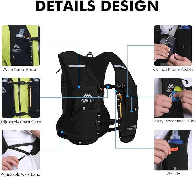 AONIJIE Running Hydration Vest for Men & Women, 8L Hydration Backpack, Multiple Pocket Designs for Water Bottles/Bladders, Lightweight Breathable for Hiking, Climbing, Marathon & Cycling
