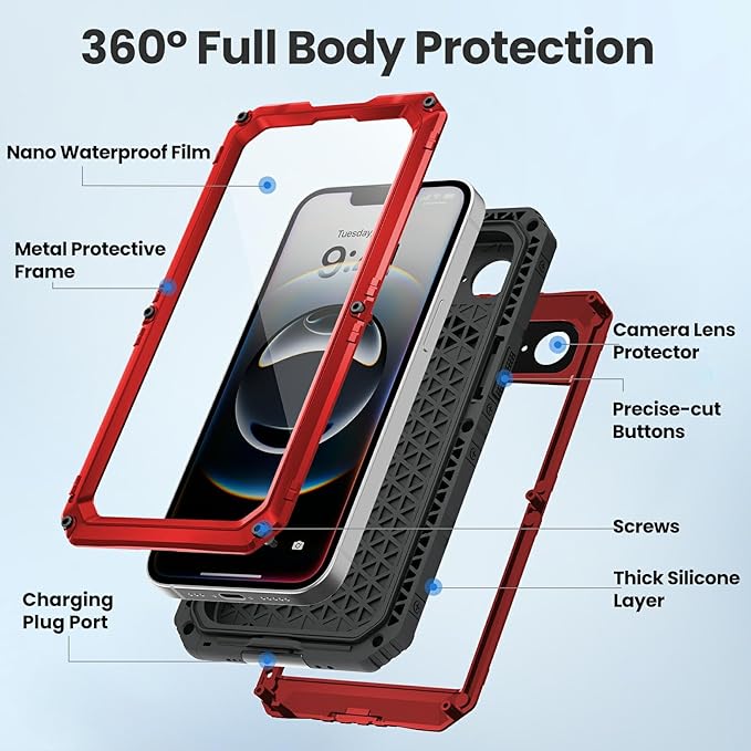 Mitywah Waterproof Case for iPhone 16e and for iPhone 17e, Shockproof Heavy Duty Case with Built-in Screen Protector, Underwater Full Body Protective Metal Case 6.1 inch, Red