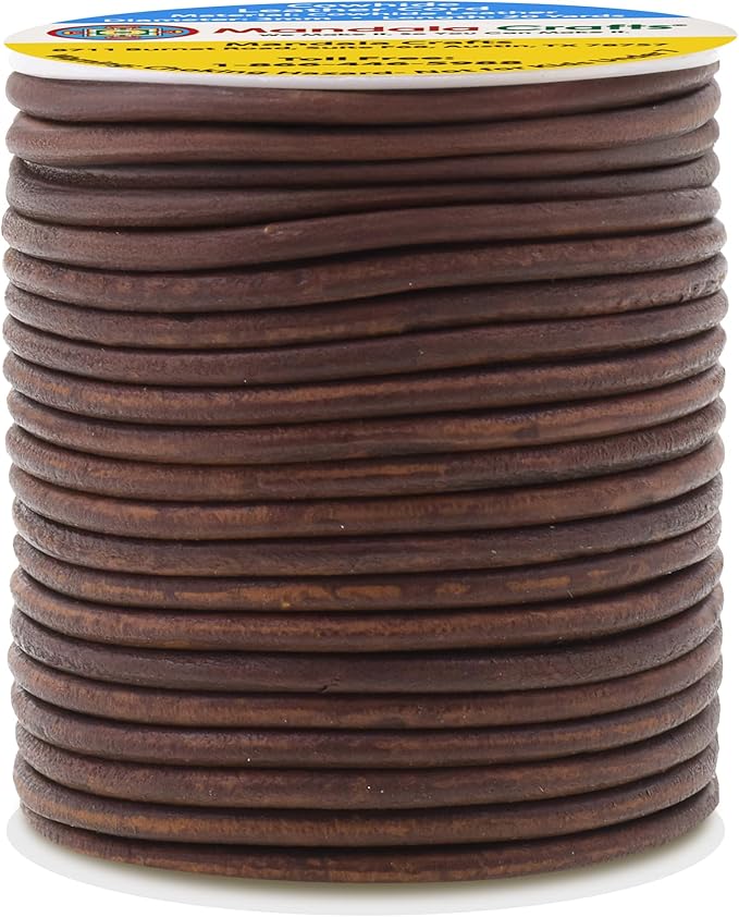 Mandala Crafts Round Genuine Distressed Brown Leather Cord for Jewelry Making – 3mm Cowhide Leather Rope String Lace for Kumihimo – 20 Yards Cowhide Craft Cording Spool