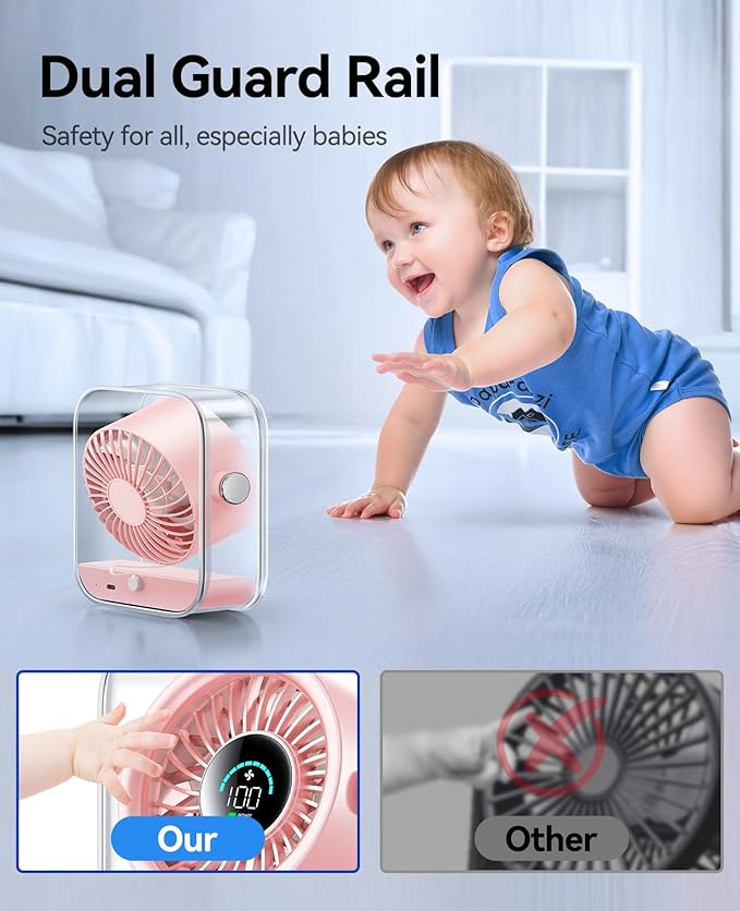 KIMMOO Rechargeable USB Desk Fan, Quiet Table Fan with Turbo Airflow, 100 Speeds, Digital Display, 90° Rotating, Small Battery Desktop Fans for Bedroom Home Office Travel, Pink