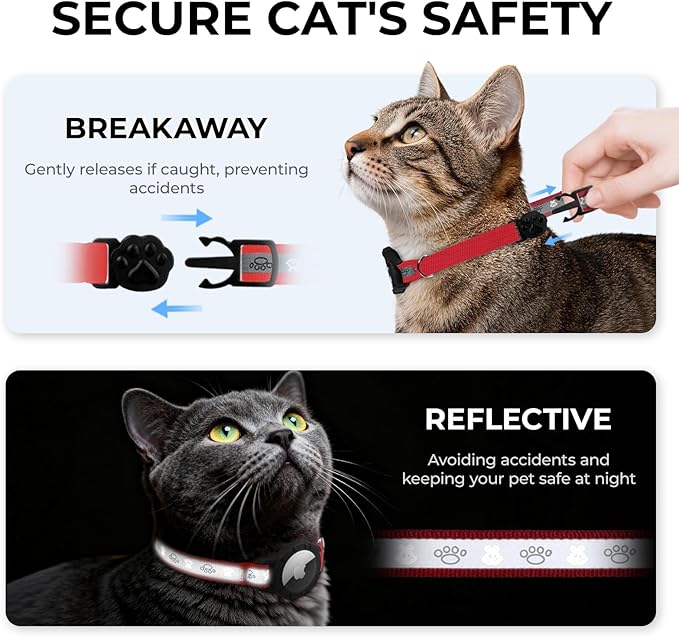Breakaway AirTag Cat Collar, Reflective Cat Tracker Collar with Air Tag Holder and Bell, Safety Elastic Band Cat GPS Collars for Girl Boy Cats, Kittens and Puppies (Red, 8-13'')