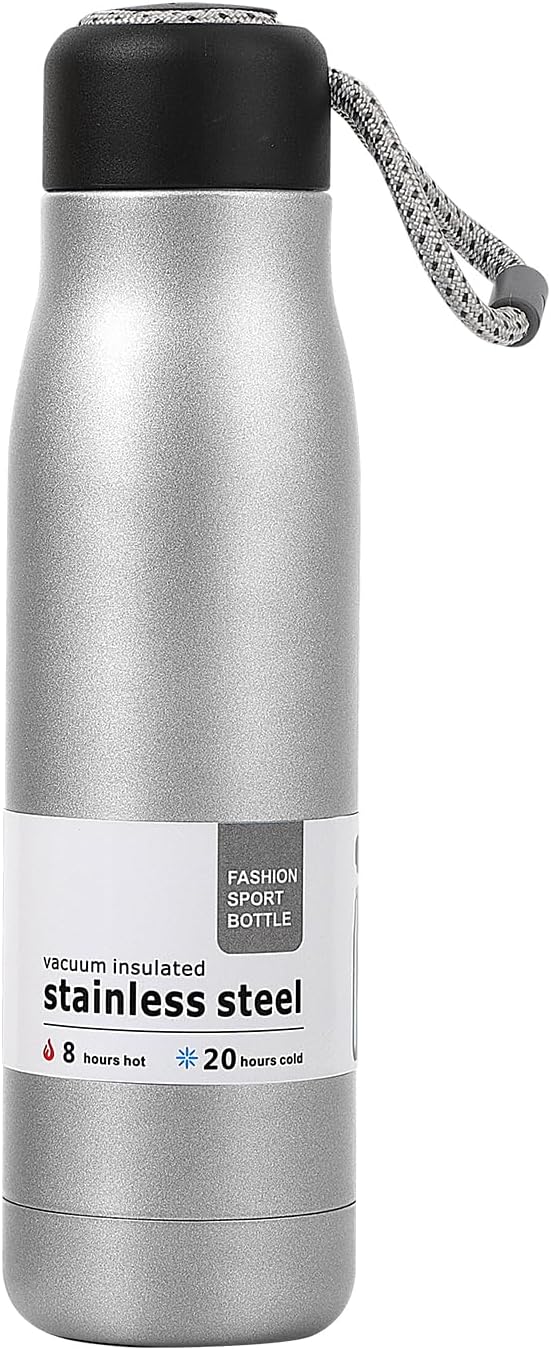 17 oz Stainless Steel Water Bottle Double Wall Vacuum Insulated Kids Wide Mouth Flask with Leakproof Portable Lid (Silver)