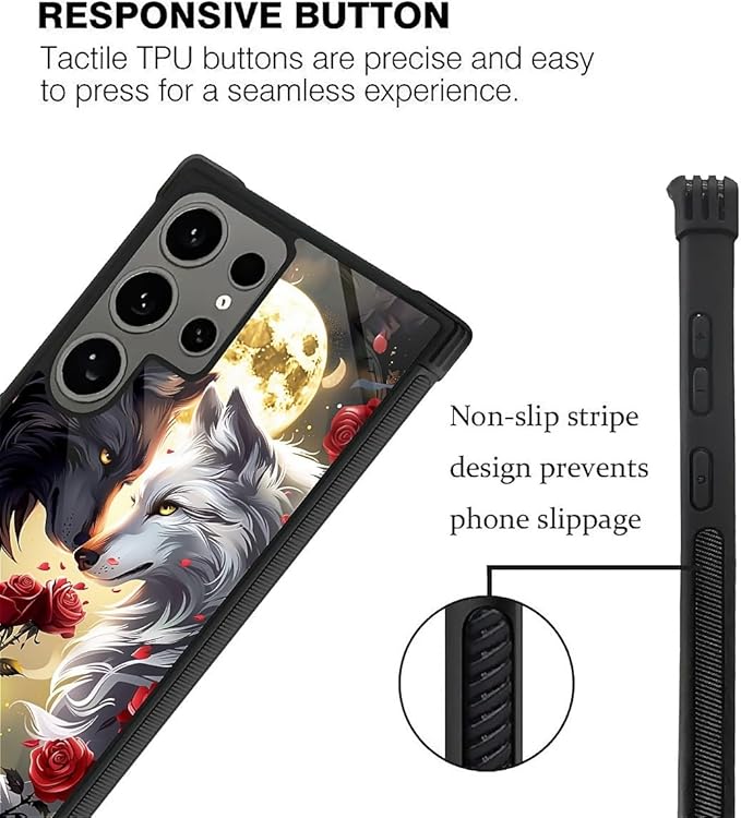 for Samsung Galaxy S24 Ultra Case, Black White Wolf Moon Flower Rose Pattern Graphic Design Girl Boy Soft Silicone Hard Acrylic Shock Protection for Samsung Galaxy S24 Ultra