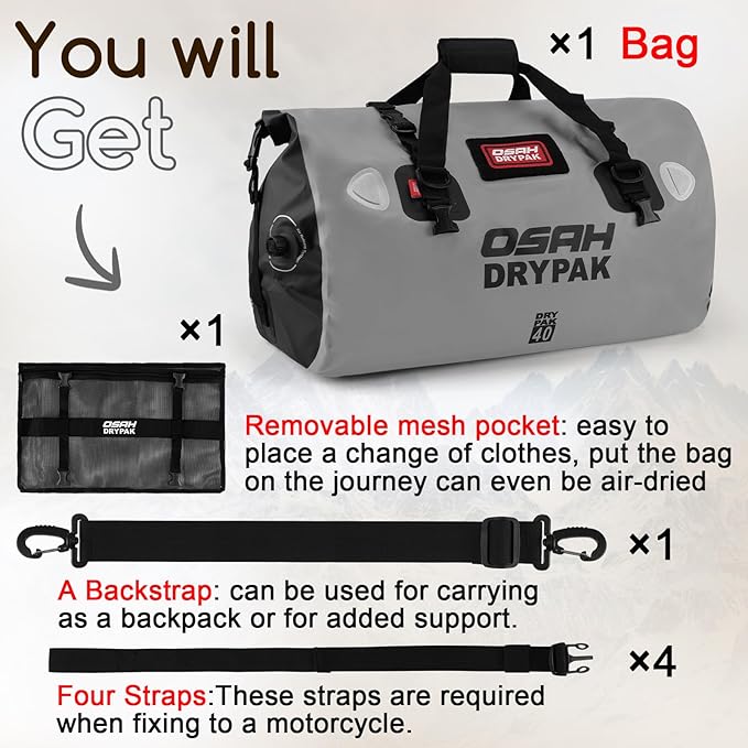 OSAH DRYPAK Waterproof Duffel Bag - Motorcycle Dry Bag Tail Bag with Large Storage Space, Waterproof Luggage Duffle Bags with Outer Mesh Zipper Pocket for Camping, Kayaking, Fishing & Traveling