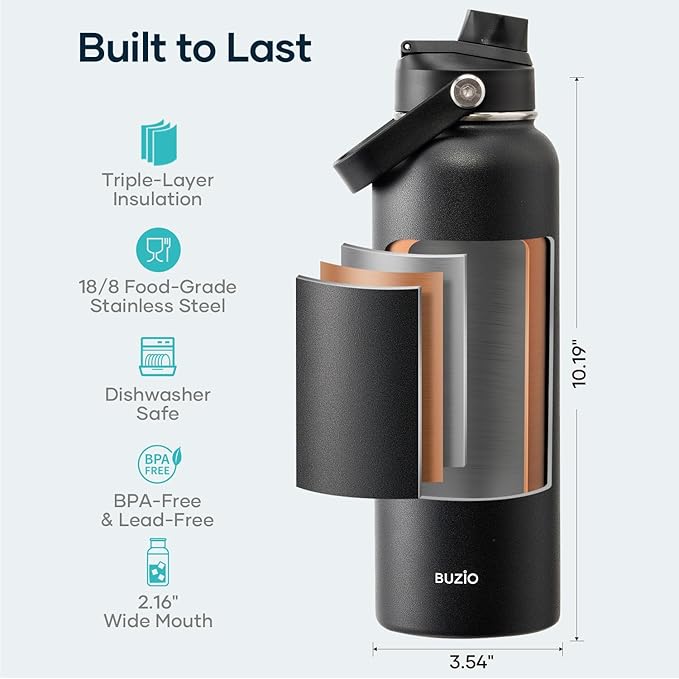 BUZIO 40oz Insulated Water Bottle, Triple Wall Vacuum Stainless Steel Water Flask with 2 lids, Lead-Free BPA-Free Straw Lid Sports Canteen Jug, Cold 48H & Hot 24H- Black