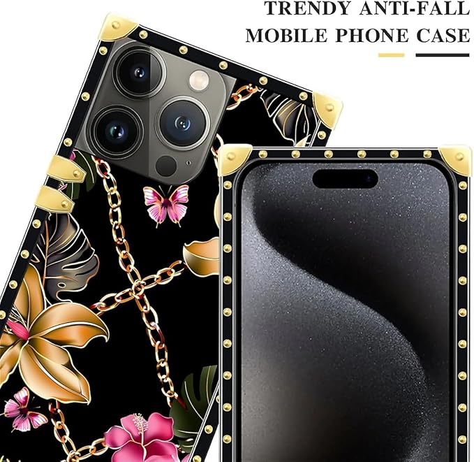 Compatible with iPhone 16 Pro Case, Pink Golden Chain Tropical Flower Luxury Golden Decoration for Girl Women Soft TPU Shockproof Protective Hard PC Back