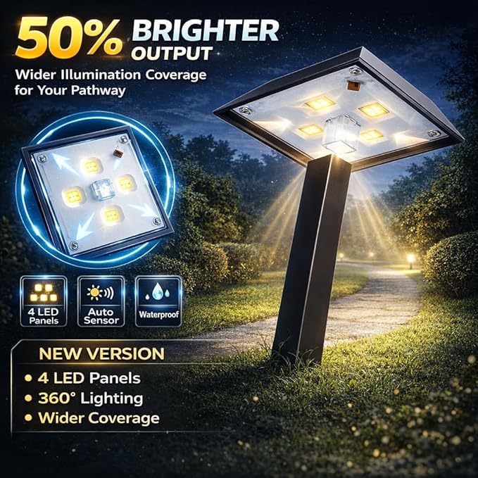Super Bright 300 Lumens Solar Pathway Lights Outdoor, 2 Lighting Color Modes Warm White & Daylight, Waterproof Landscape LED Lighting for Walkway, Garden, Driveway, Yard – Easy Installation (4 Pack)