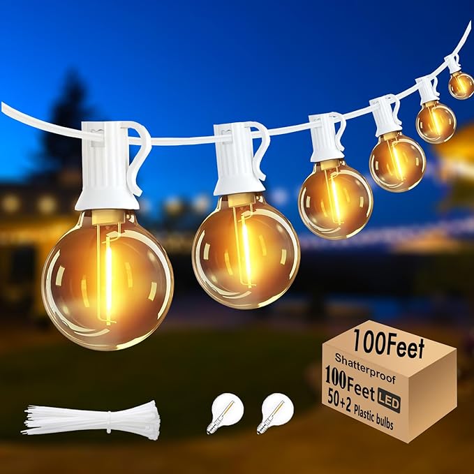 G40 LED Outdoor String Lights White 100FT Patio Lights with 52 Shatterproof Edison Bulb, White String Lights Waterproof Outside for Wedding,Proposal,Party,Anniversary