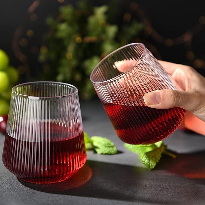 hotder Stemless Wine Glasses Set of 4, 12 oz Tritan Unbreakable, Vertical Design, Dishwasher-Safe, Red Wine Glasses for Home, Party and Outdoors