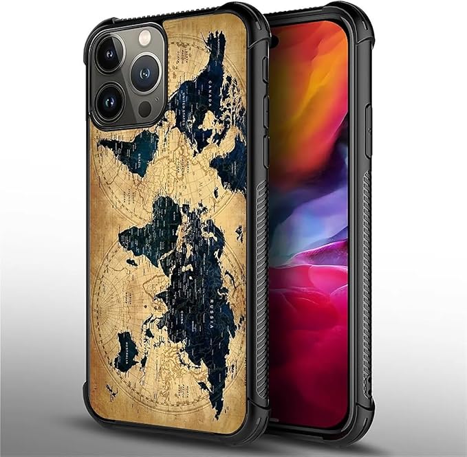 for iPhone 15 Pro Max Case, Brown World Map Pattern Graphic Design Girl Boy Soft Silicone Hard Acrylic Shock Protection for iPhone 15 Pro Max
