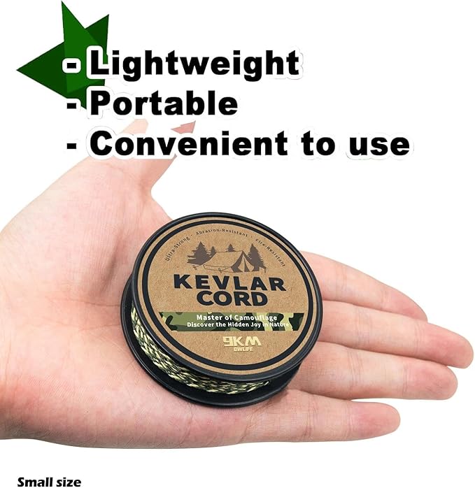 9KM DWLIFE Kevlar Cord – Camo Kevlar Line Ultra-Strong, Lightweight & Abrasion-Proof Survival Rope for Camping, Tactical Gear, Trip Wire 100-1000lb