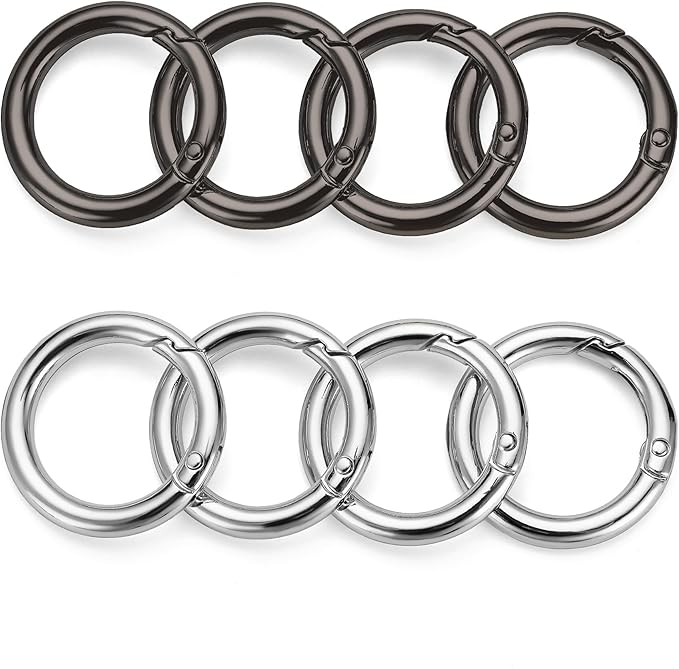 Gkeygo Key Ring Clip, 1 Inch Keychain Rings, 8 Pack Round Carabiner Clip for Keys, Buckle, Bags, Purses - Key Chain Hooks Replacement Keychains Lanyard DIY Crafts - Black, Silver