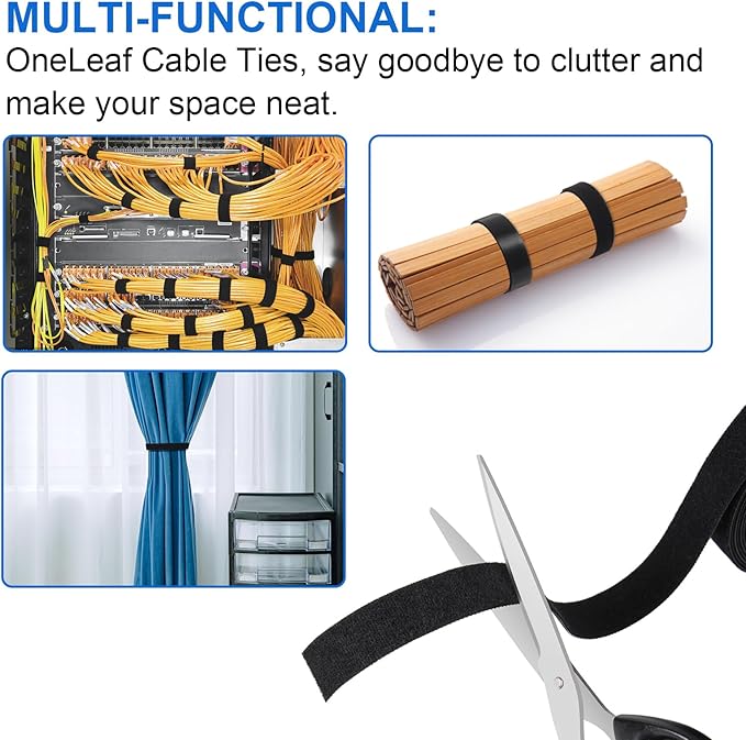 OneLeaf Hook and Loop Roll Reusable Fastening Cable Ties, 20ft x 1inch Black Heavy Duty Cord Organizer Straps, Free Cutting Multi-Purpose Cable Management Tape for Home and Office