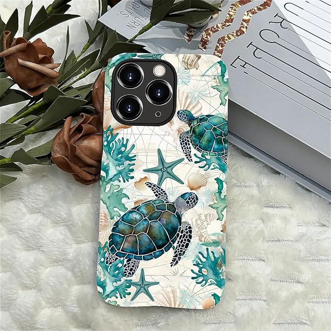 for iPhone 11 Pro Max Case,HH2 Ocean Sea Turtle Nautical Map Hybrid 2 Layer Hard Shell Silicone Protective Pattern Design Case