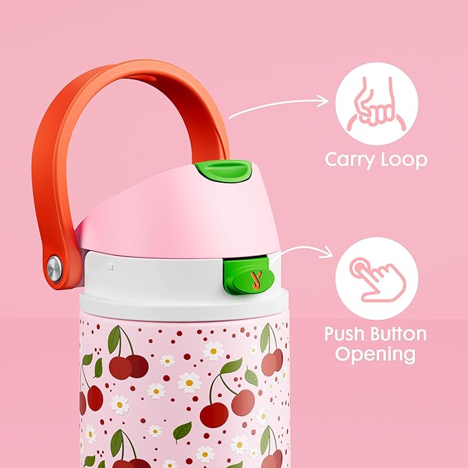 18 oz Insulated Water Bottle for Kids: Meoky Stainless Steel Water Bottle with 2-in-1 Straw and Spout Lid - Leak Proof, Cold for 24 Hours, BPA-Free for Girls School Sports, Sweet Cherry