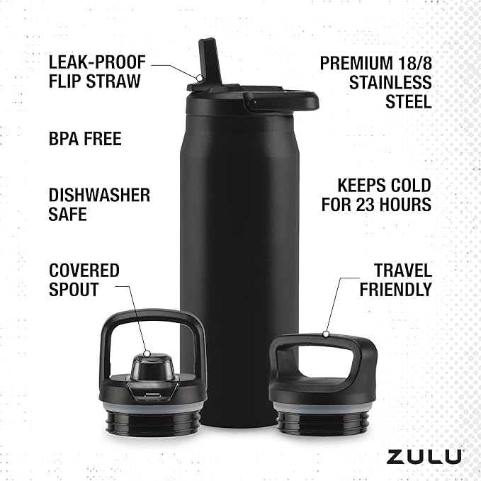 ZULU Base 32oz Stainless Steel Water Bottle with 3 Lids- Straw, Chug, Twist | Double Walled and Vacuum Insulated Metal Thermos | For Gym, Outdoor, Built in Carry Loop, Dishwasher Safe, Black