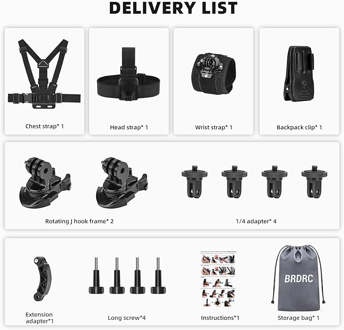 BRDRC Accessories Kit for Insta 360 X5 X4 Air, Chest Mount Head Strap Harness Backpack Clip Holder Wrist Strap, 360°Rotating Adapter + Quick Release for Insta360 One X5 X4 X3 X Camera Accessory Bundle