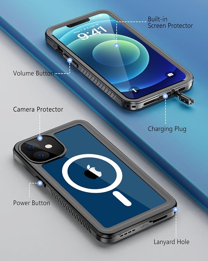 Beeasy for iPhone 12 Waterproof Case Compatible with Magsafe IP68 Underwater Military Grade, Phone Case with Shockproof, Dustproof, Rugged 360 Full Body Protection Cover with Built-in Screen Protector