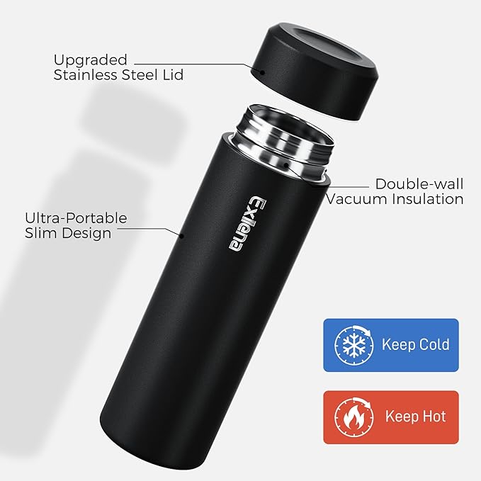 【Upgraded】Exllena Small Insulated Water Bottle 12 oz/350ml– Mini Insulated Water Bottle for Hot & Cold Drinks, Perfect Small Water Bottle for Travel, Purse...(Black)