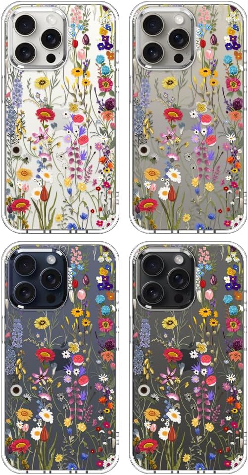 MOSNOVO Case for iPhone 15 Pro Max, [Buffertech 6.6ft Military-Grade Drop Protection] [Anti Peel Off Tech] Clear TPU Bumper Phone Case Cover Design - Wildflower Meadow