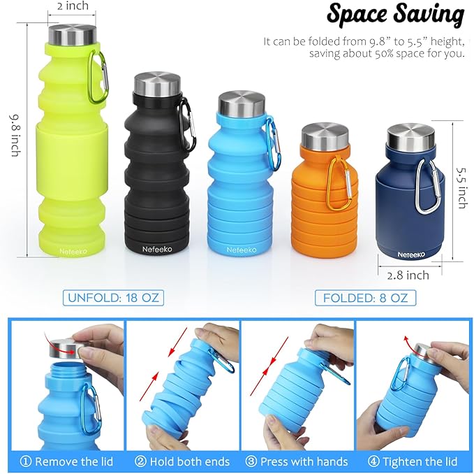 Nefeeko Collapsible Water Bottle, Reuseable BPA Free Silicone Foldable Water Bottles for Travel Gym Camping Hiking, Portable Leak Proof Sports Water Bottle with Carabiner