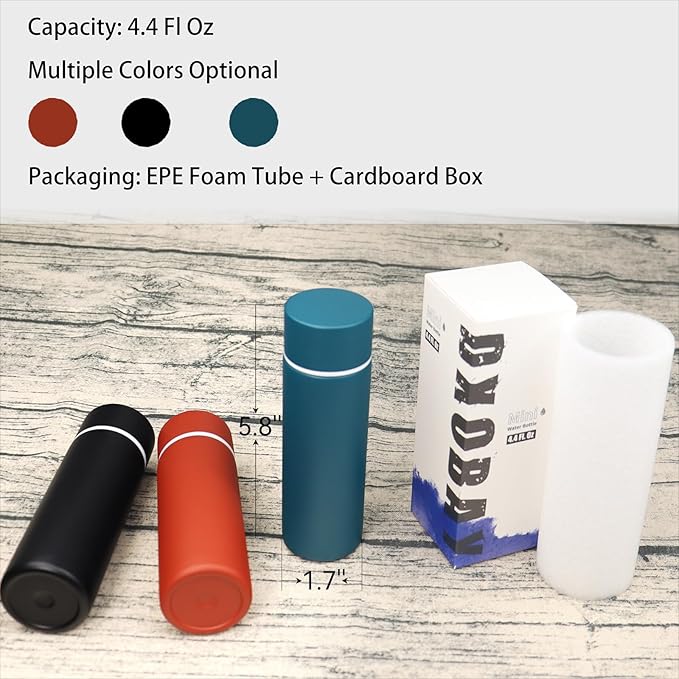 Cute Small Water Bottle, 4.4 Fl. Oz, Black Powder Coated, Mini Slim Flask for Women, Portable Skinny Purse Water Bottle, Vacuum Insulated Reusable Leak Proof Stainless Steel Cup