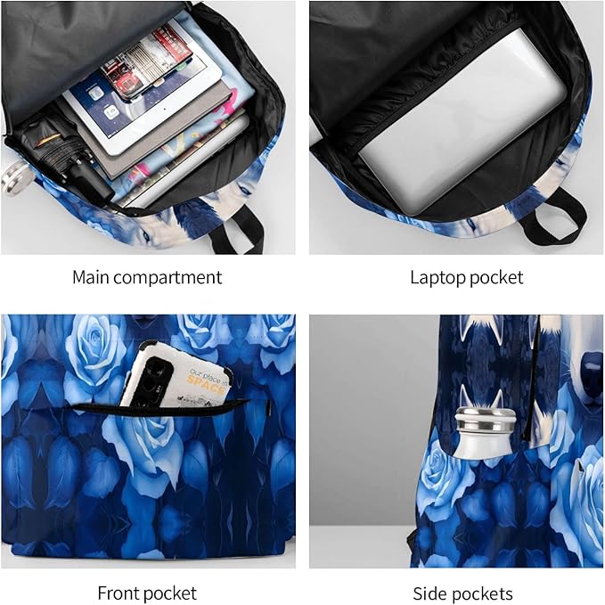 cfpolar 17 Inch Backpack Blue Rose Wolf Laptop Bag Shoulder Bag School Bookbag Casual Daypack For Boys Girls
