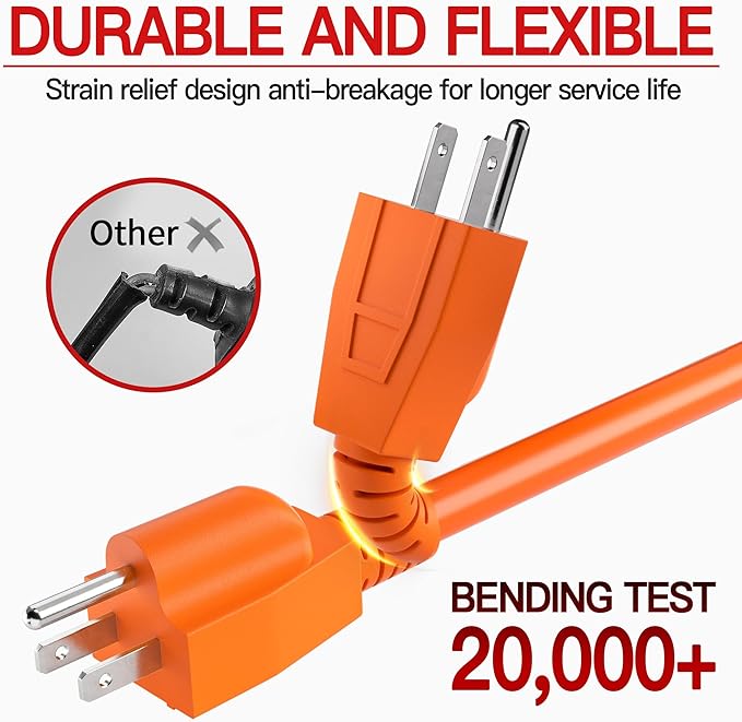 Skrizcable 16/3 50 FT Outdoor Extension Cord Waterproof, Weatherproof & Flame Retardant Orange 3 Prong Power Cord Outside for Lawn & Garden, 13 Amps 1625 Watts 125 VAC 16AWG SJTW, ETL Listed