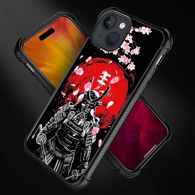 for iPhone 15 Plus Case, Sakura Japanese Samurai Pattern Graphic Design Girl Boy Soft Silicone Hard Acrylic Shock Protection for iPhone 15 Plus