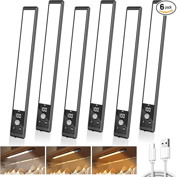 Mpotmiy 6 Pack 12" Under Cabinet Lights with Digital Display,2200mAh Rechargeable Motion Sensor Light Indoor,3 Color Temperatures, Magnetic Dimmable Closet Lights, Under Counter Light for Kitchen