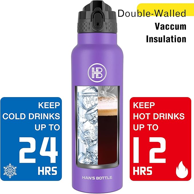 Han's Bottle Sports Water Bottle - 24 Oz, Straw Lid, Leak Proof, Vacuum Insulated Stainless Steel, Double Walled, Thermo Mug,Purple