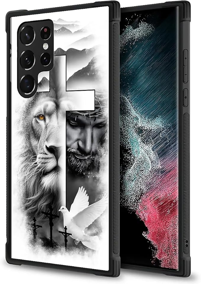 for Samsung Galaxy S23 Ultra Case, Lion Cross Jesus Christ Dove Pattern Graphic Design Girl Boy Soft Silicone Hard Acrylic Shock Protection for Samsung Galaxy S23 Ultra