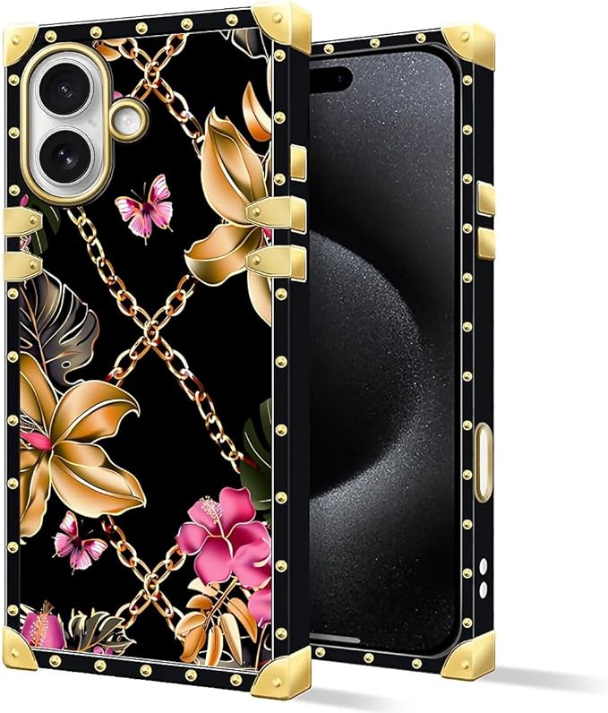 for iPhone 17 Case Luxury Golden Decoration for Girl Women Soft TPU Shockproof Protective Hard PC Back for iPhone 17 Crazy Pattern Pink Golden Chain Tropical Flower