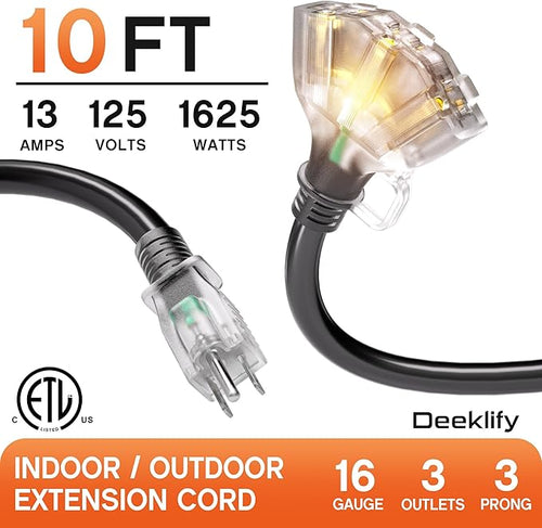 10 ft 16/3 awg 3 Outlet Extension Cord Splitter with Indicator, Waterproof Indoor/Outdoor Extension Cord with Multiple Outlets, 13A 1625W for Home & Workshop, ETL Listed, Flexible Black SJTW