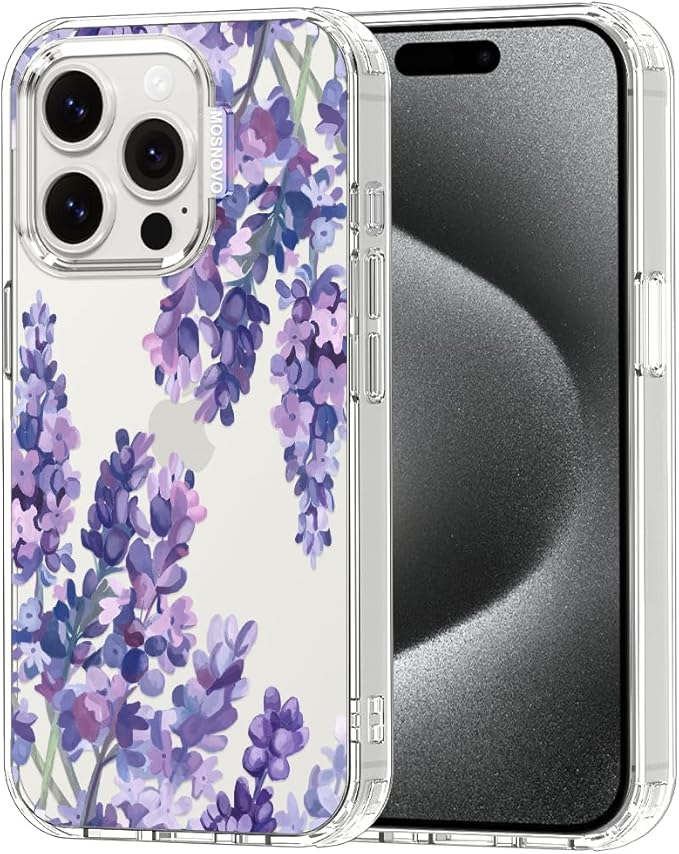 MOSNOVO Case for iPhone 15 Pro, [Buffertech 6.6ft Military-Grade Drop Protection] [Anti Peel Off Tech] Clear TPU Bumper Phone Case Cover Design - Lavender