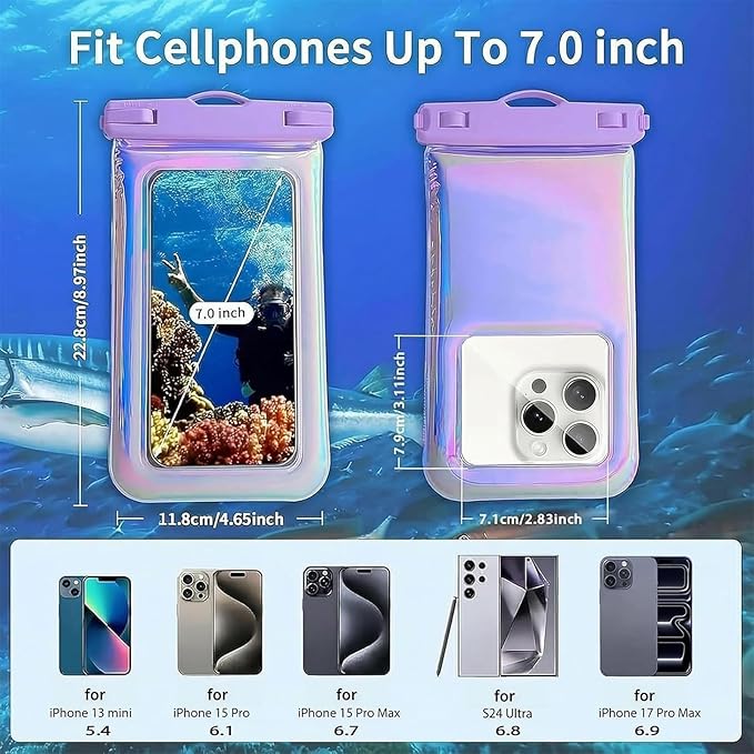 2 Pack Foweroty Floatable Waterproof Phone Pouch Case for iPhone 17 16 Pro Max/15/14/13/12, IP68 Travel Cellphone Dry Bag Beach Cruise Ship Essentials Bags with Crossbody Lanyard, Iridescent Purple-7″