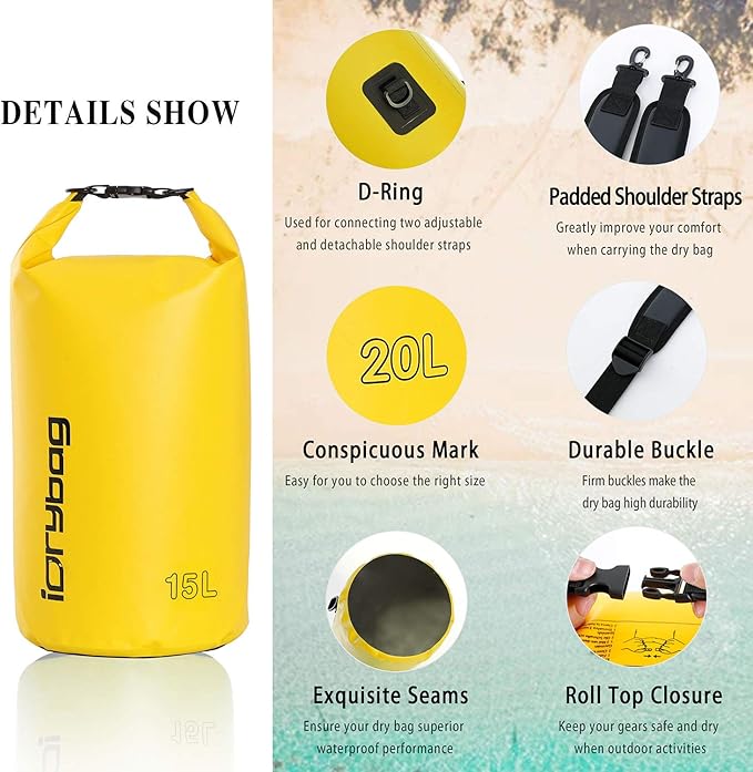 IDRYBAG Dry Bag for Kayaking Waterproof 2L/5L/10L/15L/20L, Small Dry Sack Waterproof Bag for Boating