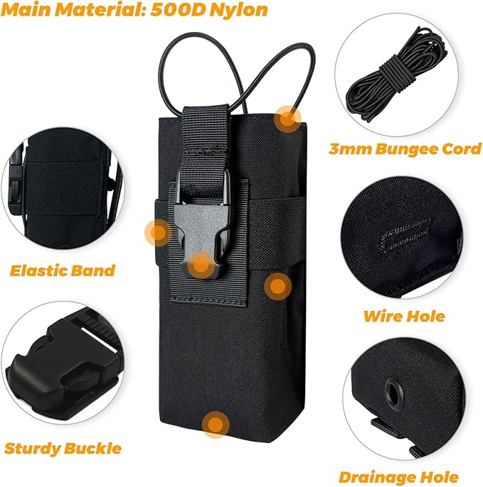 Radio Holster Walkie Talkie Pouch - 500D Nylon Molle System 3mm Bungee Storage Bag for Utility Tactical Belt Accessory Fits Standard Handset