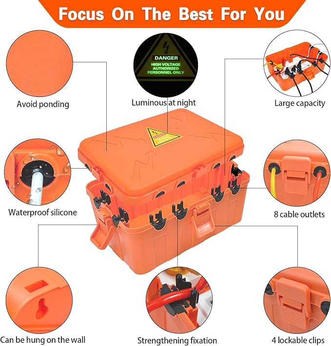 Hrensaw Large Outdoor Electrical Box(12.5x8.5x5inch),IP54 Waterproof Outdoor Outlet Covers,Weatherproof Extension Cord Covers Protect Outlet,Plug,Timer,Power Strip,Holiday Light,Orange