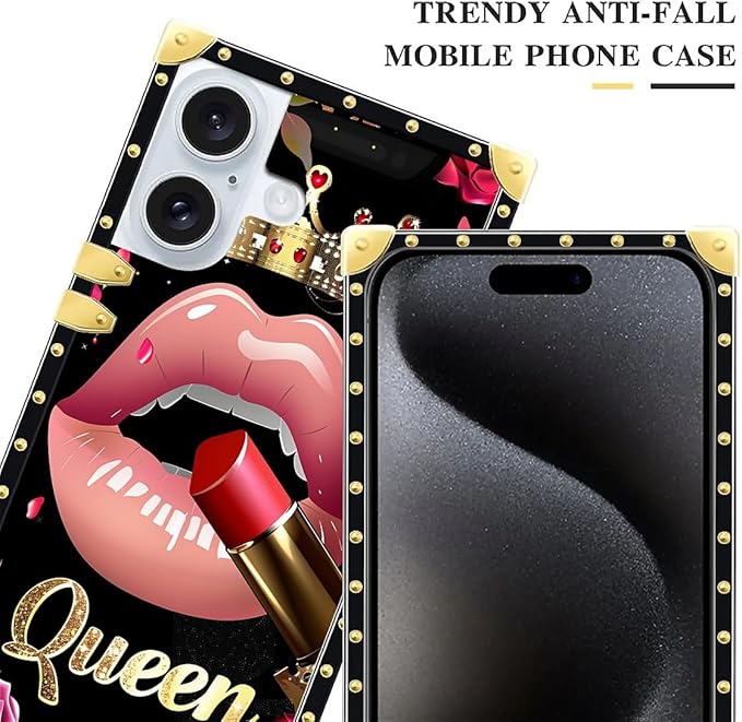 Compatible with iPhone 16 Plus Case, Glitter Red Rose Queen Leopard Lipstick Luxury Golden Decoration for Girl Women Soft TPU Shockproof Protective Hard PC Back
