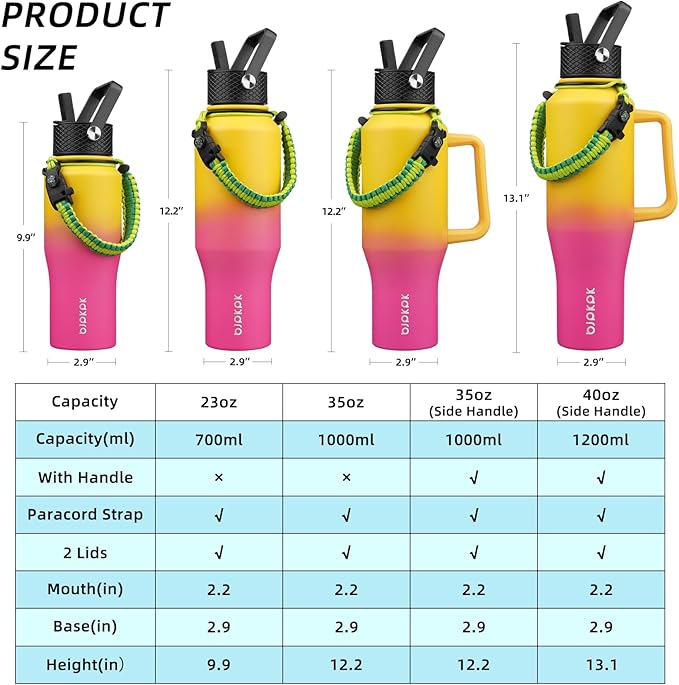 BJPKPK Insulated Water Bottles with Straw Lid, 35oz Metal Water Bottle with 2 lids & Paracord Strap, Double Wall Stainless Steel Vacuum Tumblers, Cups, Thermo for Hot& Cold Drinks, Pink & Yellow Rose