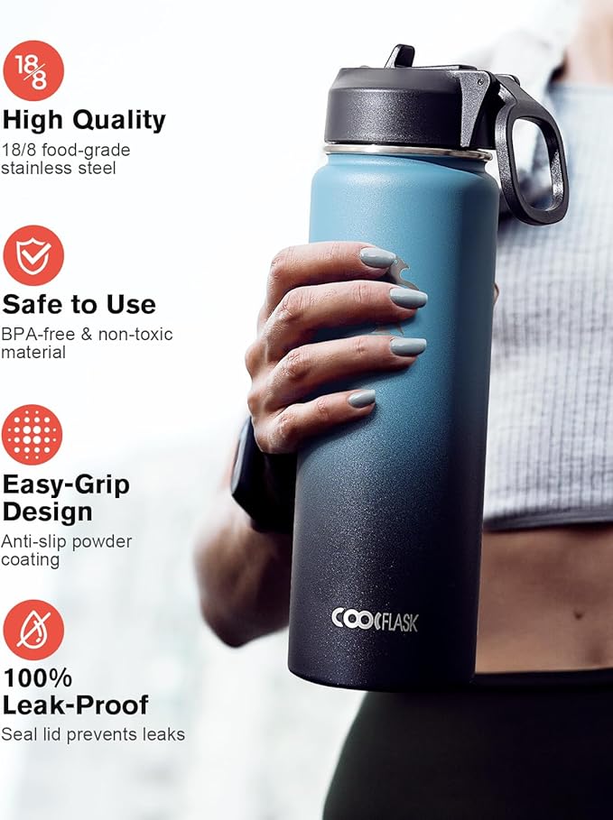 Coolflask Water Bottle 20 oz Insulated with Straw, Stainless Steel Metal 3 Lids Water Flask Wide Mouth for Sports or Office, Non-BPA Keep Cold Up to 48 Hrs or Hot Up to 24 Hrs, Samurai Cyan