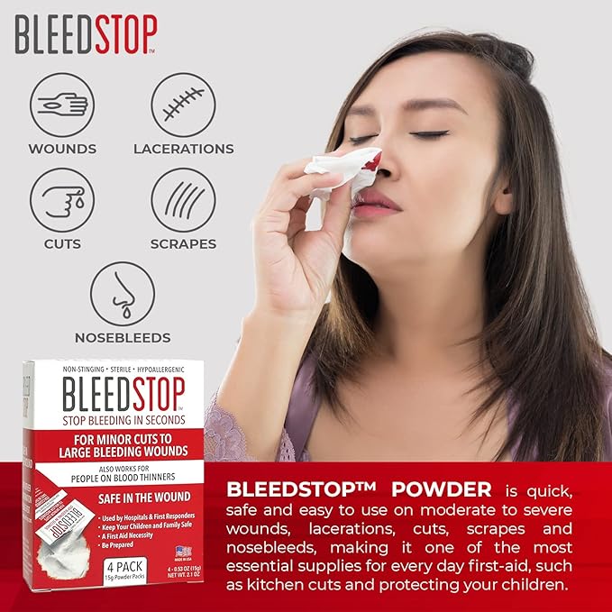 BleedStop™ First Aid Powder for Blood Clotting, Trauma Kit, Blood Thinner Patients, Camping Safety, and Survival Equipment for Moderate to Severe Bleeding Wounds or Nosebleeds - 2 (20g) Pouches