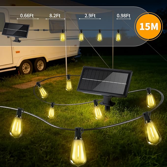 Solar Lights Outdoor Waterproof: ST38 50FT 15M Shatterproof Bulbs Patio Lights - Solar Powered & USB Charging- Remote Control 3 Light Modes Dimmable Solar Light - Camping Backyard Garden