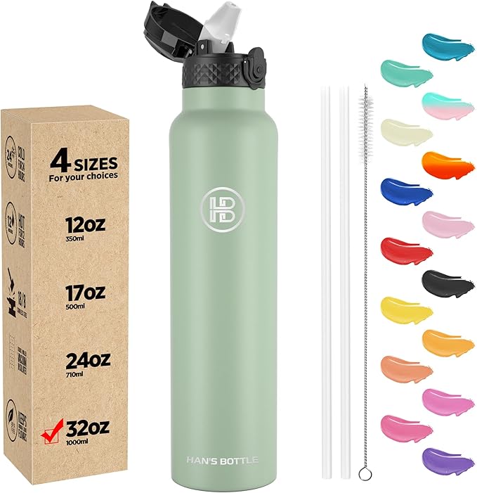 Han's Bottle Sports Water Bottle - 32 Oz, Straw Lid, Leak Proof, Vacuum Insulated Stainless Steel, Double Walled, Thermo Mug,Pine Green