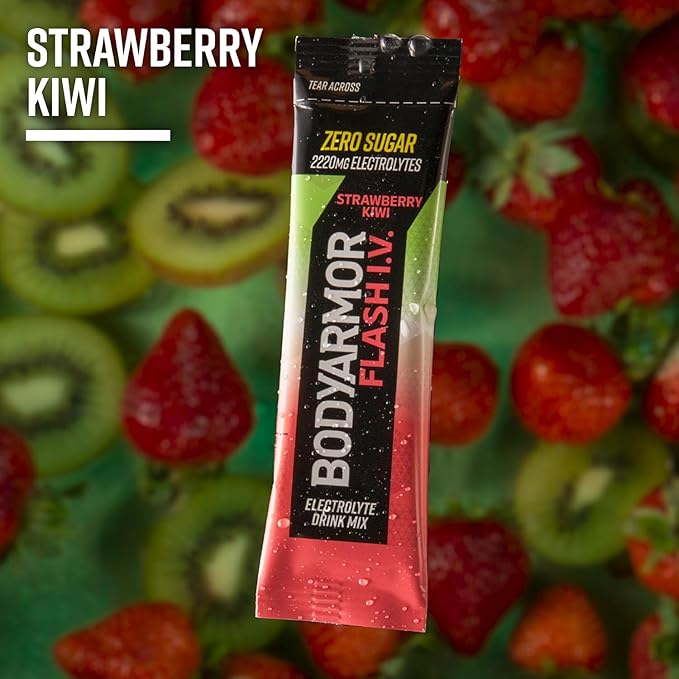 BODYARMOR Flash IV Electrolyte Packets,Strawberry Kiwi - Zero Sugar Drink Mix,Single Serve Packs,Coconut Water Powder,(Pack of 30)