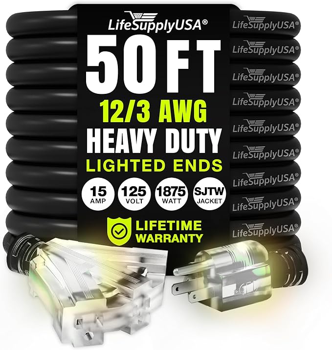 50ft Outdoor/Indoor Extension Cord 3-Outlet 12/3 Gauge Extra Heavy Duty 3 Prong SJTW, Waterproof, Flexible Cold-Resistant Long Power Cord,15A 125V 1875W, Black by LifeSupplyUSA