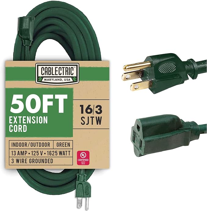 50 ft Outdoor Extension Cord 3 Prong, 16/3 SJTW Weatherproof Green Extension Cord 50ft, 13 Amp Heavy Duty Exterior Power Cable for Outside, Landscaping & Outdoor Lights