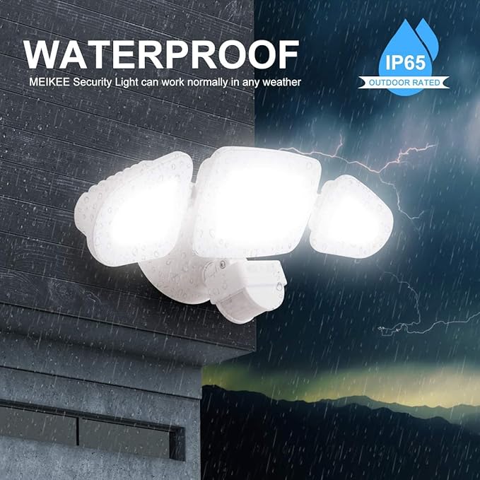 MEIKEE 42W LED Security Lights Motion Sensor Light Outdoor Flood Light, 3600LM 6500K IP66 Waterproof, 3 Adjustable Heads Motion Detector Lights for Outside Garage Yard Garden Porch Entryways